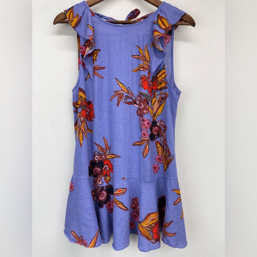 Free People size XS Women’s Summer In Tulum Linen Blend Floral Ruffle Tunic Top